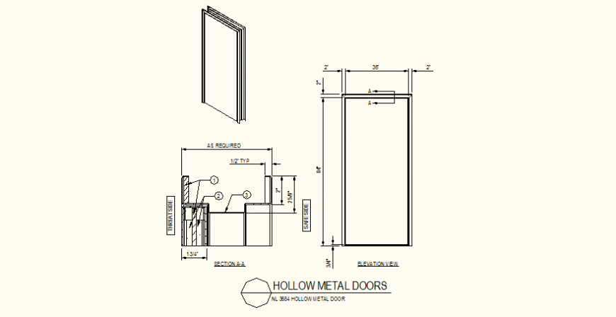 Hollow metal door detail section  and elevation detail dwg file